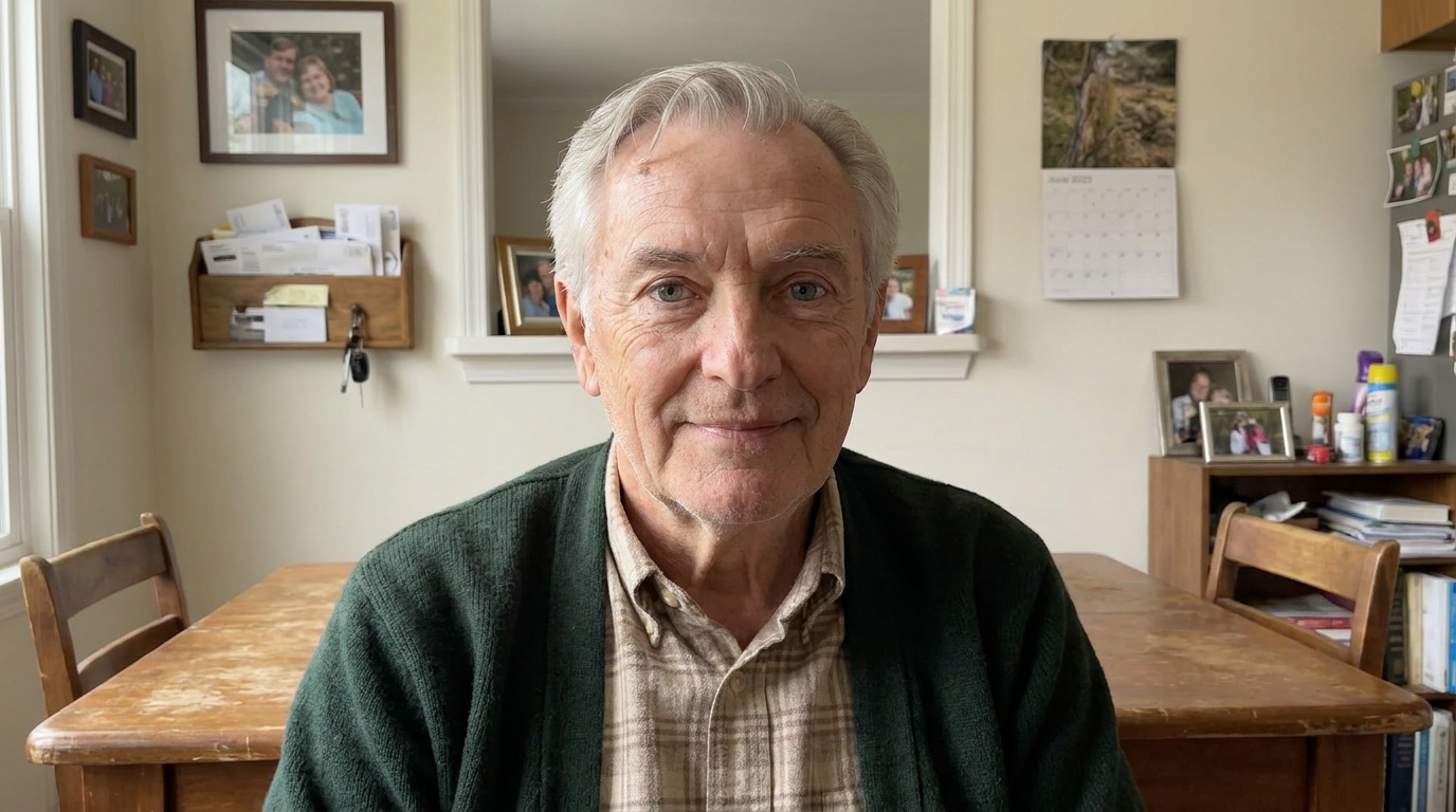 Frank Delaney at his kitchen table, in his green cardigan, photographs and a wall calendar behind him.
